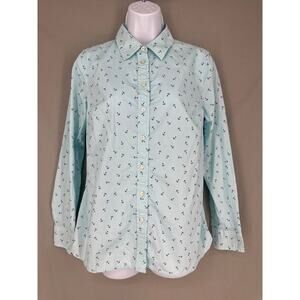 Talbots Top Womens XS Blue Anchor Print Nautical Button Long Sleeve Cotton